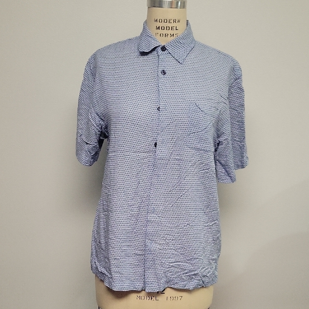 Toscano Men's Blue Patterned Short Sleeve, Silk Blend Shirt, Size M